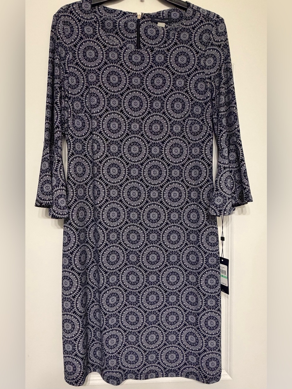 Tommy Hilfiger Geometric Knit Shift Dress 3/4 Bell Sleeve Blue/White 8 NWT
